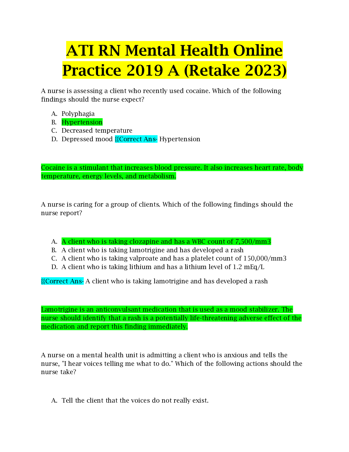 Preview image for ATI RN Mental Health Online Practice 2022 A & B Q and A